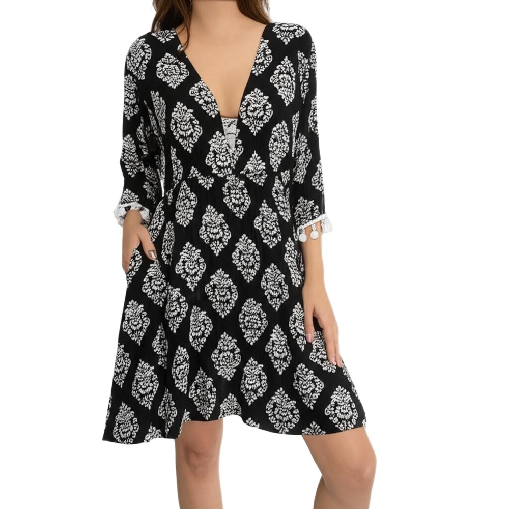 ALWAYS FOR ME Black White Damask Pom-Pom Boho Swimsuit Cover Up Womens Size‎ 1X